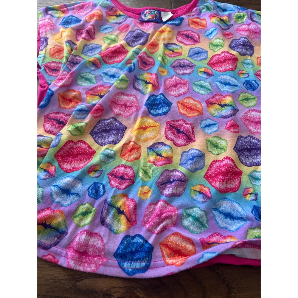 Y2K Lisa Frank Rainbow Lip Print Pajama Set Pink Shorts Top 2 Piece Sleepwear L - Picture 4 of 5